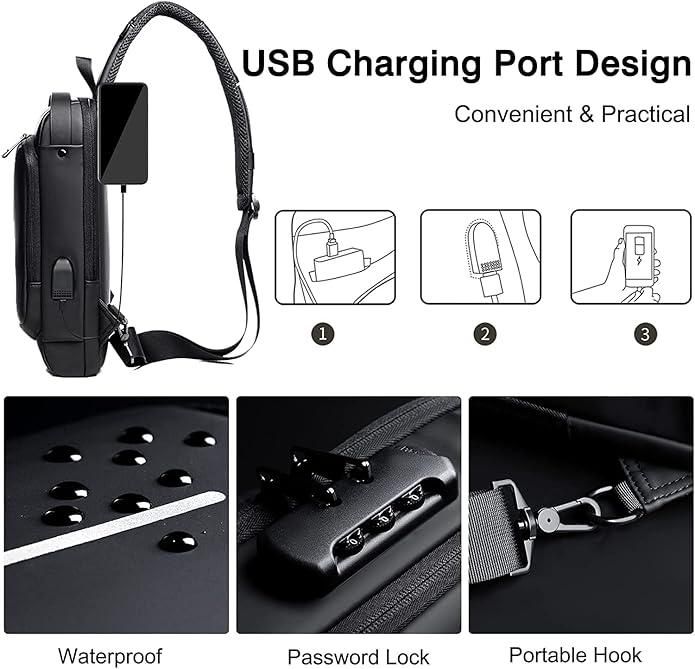 Crossbody Sling Bag for Men & Women with USB Charging Port Handbag