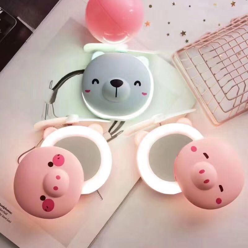 Cartoon Cute Pig LED Lights Travel Mirror Pocket Fan
