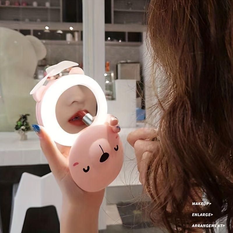 Cartoon Cute Pig LED Lights Travel Mirror Pocket Fan