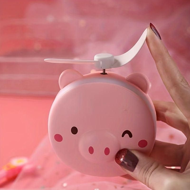 Cartoon Cute Pig LED Lights Travel Mirror Pocket Fan