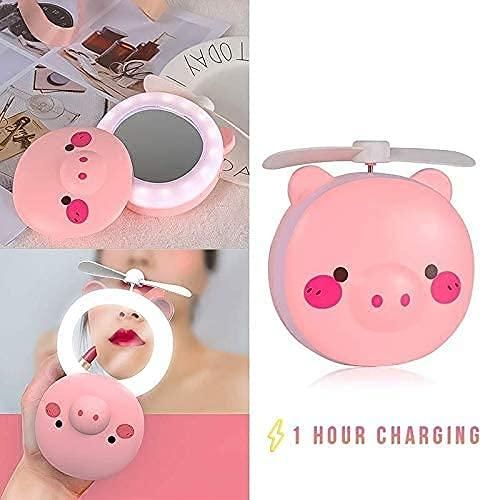 Cartoon Cute Pig LED Lights Travel Mirror Pocket Fan