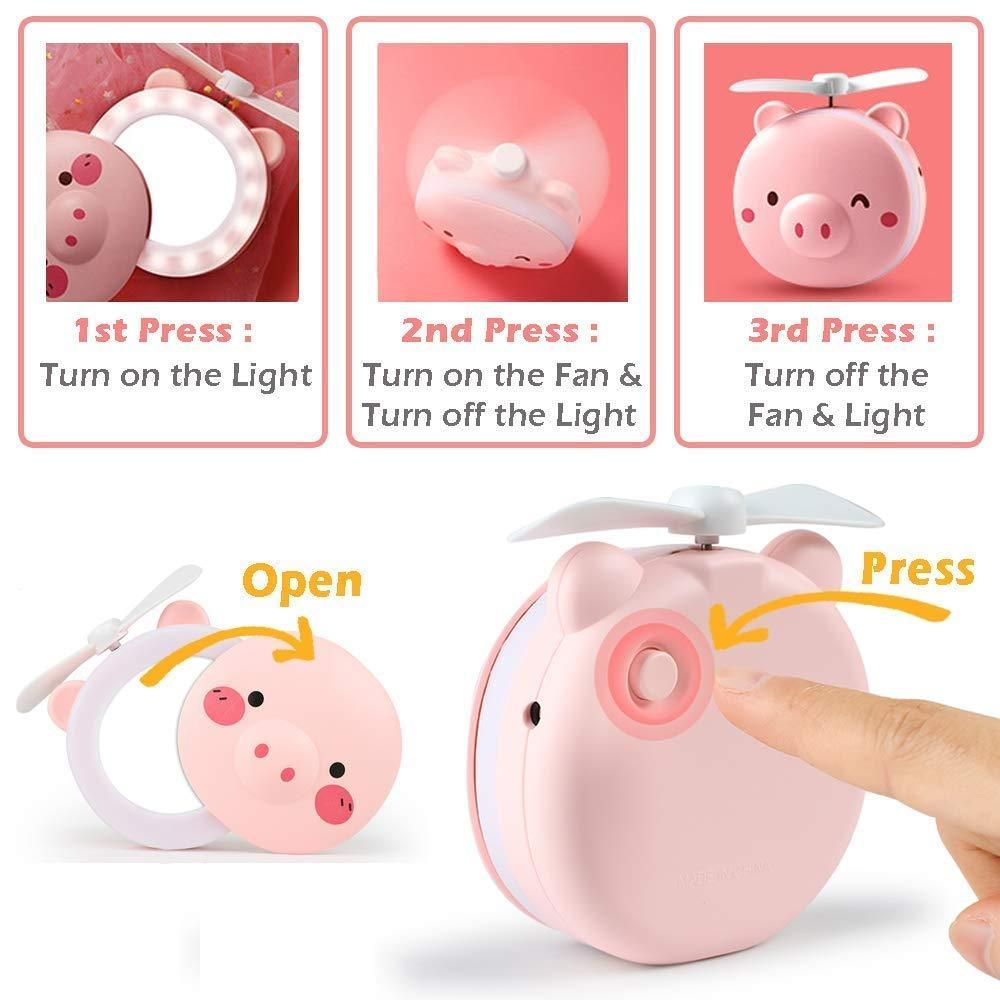Cartoon Cute Pig LED Lights Travel Mirror Pocket Fan