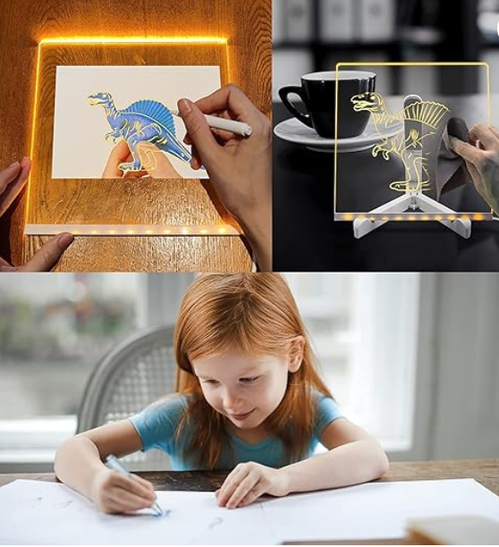 3D LED Glow Drawing Board with Stand for Writing/Message/Memo with 7 Pens