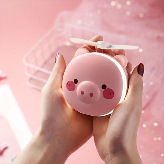 Cartoon Cute Pig LED Lights Travel Mirror Pocket Fan